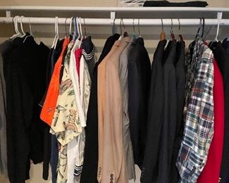 Men's clothing:  Neiman-Marcus, Pronto-Lumo, Lacoste, Ralph Lauren, J. Crew - size M and L; shirts 15.5 - 16/33