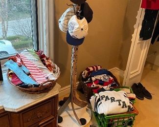 Ball caps, Sports Jerseys, ties, and hockey stick hat rack