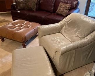 Leather chair and ottoman - ivory and another view of the wine-colored leather chair and tobacco-colored leather tufted ottoman