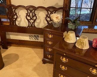 Cherry Queen headboard, and nightstands - 2 available, faux orchid and peony florals, and custom shades