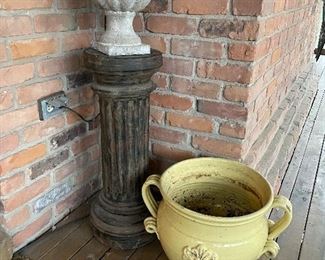 Cement urn, plant stand and ceramic planter
