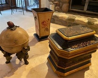 Decor:  Acorn covered urn, storage box with chain, and metal vase