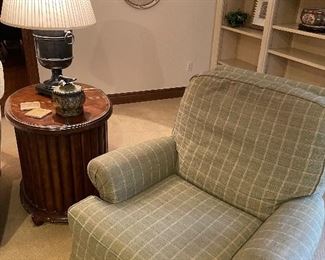 Another view of the side table and Ralph Lauren lamp, and electric recliner