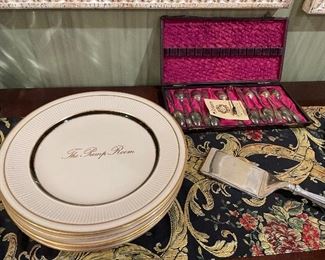 The Pump Room plates, silver-plated sherbet spoons, and server