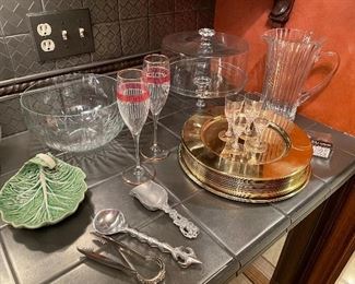 Crystal bowls, glass cake stand with cover, pitcher, champagne flutes, cordials, and more!