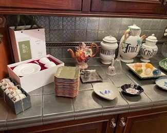 Appetizer plates, tea sets, bowls, tea pot and canister jars