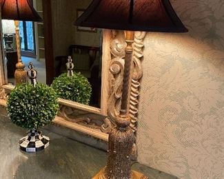 Conrade buffet lamps gold with pinot colored shades - 2 available,  MacKenzie topiary, mirror and can view the top of the console table