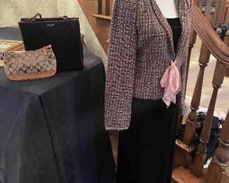 Coach and Kate Spade purses, and velvet dress and jacket shown on mannequin (size 6)