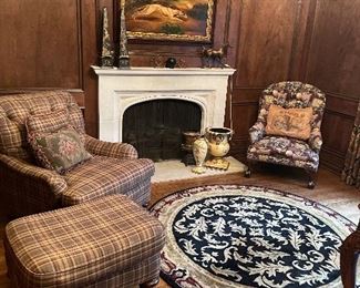Library essentials:  plaid chair and ottoman, "whiskey and cigar" chair,  bronze horse, decor, planters and wool round area rug