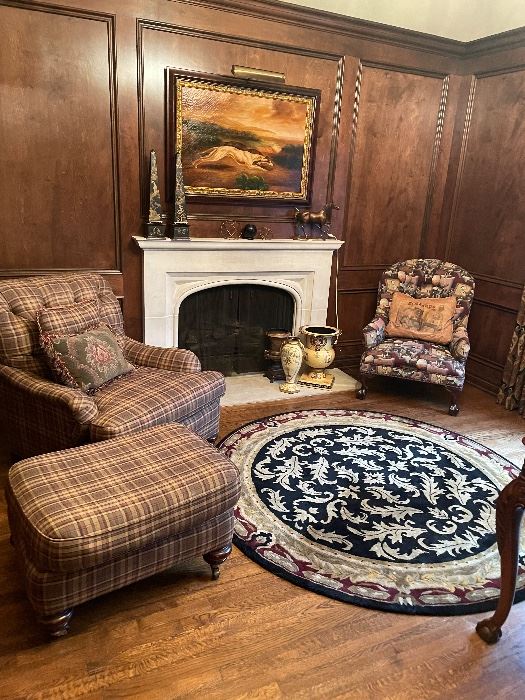 Library essentials:  plaid chair and ottoman, "whiskey and cigar" chair,  bronze horse, decor, planters and wool round area rug