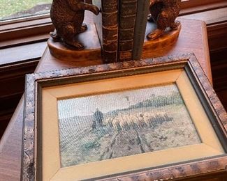 Framed print and rabbit/hare book ends
