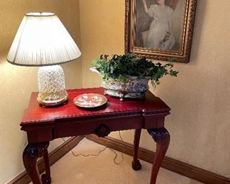 Console table, crystal and brass lamp, porcelain planter and plate and vintage painting on canvas