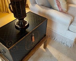 Black and gold side table/storage chest and black and gold urn, and another view of the armchairs with corded fringe (all in excellent condition)