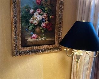 Large framed acrylic by Leon Frank, brass floor lamp with black shade 