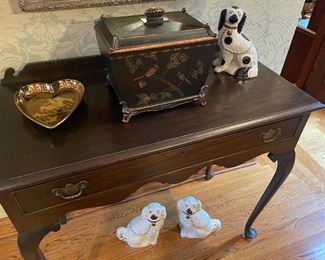 Another view of the sideboard console table, storage box and Staffordshire dogs