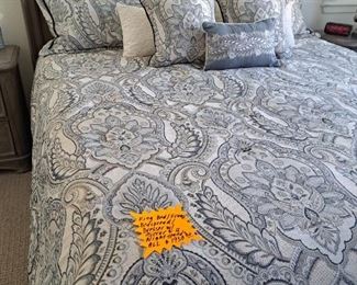 Entire bedroom set with king bed, bedding, bed frame, 2 nightstands and dresser with mirror