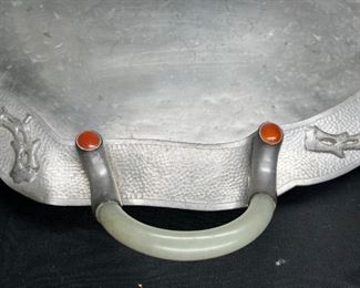 Pewter Serving Platter w/ Jade Handles