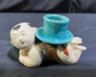 Antique Crazed Ceramic Buddha Baby Candlesticks