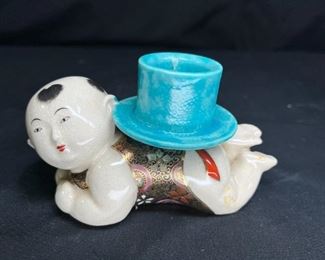 Antique Crazed Ceramic Buddha Baby Candlesticks