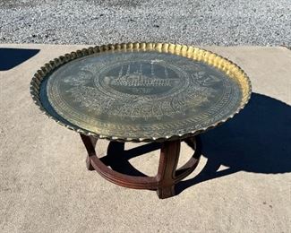 Brass Tray Accent Table wooden Base