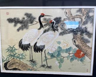 Japanese Red Crowned Cranes on Silk