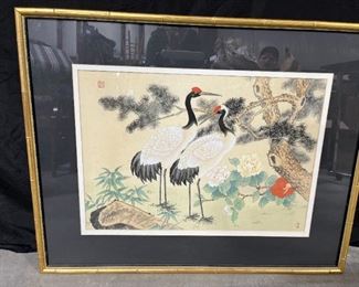 Japanese Red Crowned Cranes on Silk