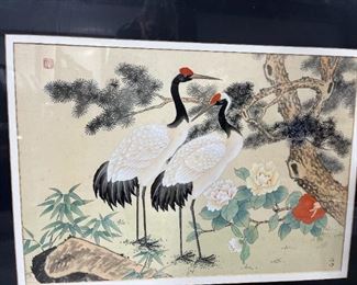 Japanese Red Crowned Cranes on Silk