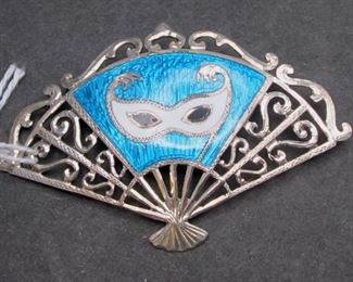 Sterling  + enamel Mardi Gras Fan pin beautiful one really needs to see this one in person