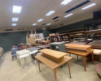 Lots of Wooden Tables, Wood Supplies, Building Materiel, and many types of chairs 