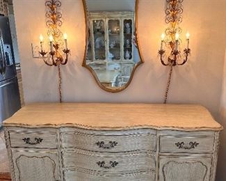 Buffet, mirror and wall sconces