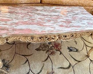 Vintage Norwegian Rose Marble Coffee Table with carved wooden base