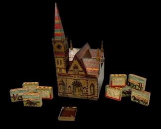 RARE Antique Reeds Paper Litho Cathedral w/ Sunday Wood Blocks Toy c.1882

