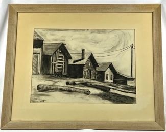 Mary Pratt Signed Charcoal Landscape in Simple Blonde Frame
