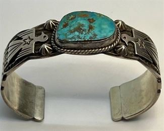 Stunning Large Cuff Navajo Sterling and Turquoise Bracelet by F. Charley Kingman
