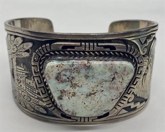 Stunning Large Cuff Navajo Sterling and Turquoise Bracelet by F. Charley Kingman

