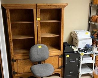 Wood Book Cases, Office Chair, Filing Cabinet, Wicker Table, Office Equipment