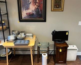 Bakeware, Tables, TV w/ Built-In DVD, Shredder, and Pictures