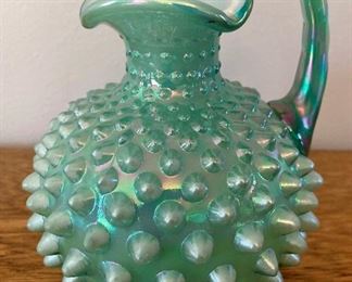 Vintage Fenton opalescent hobnail green pitcher