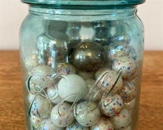 Vintage blue Ball jar with speckled marbles