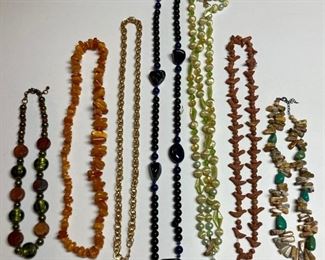 Green glass and wood necklace; Amber necklace; Lapis Lazuli necklace; Turquoise and Agate necklace; assorted costume jewelry