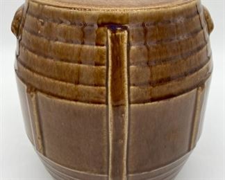 Vintage Zanesville stoneware barrel cookie jar with lid