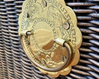 Vintage wicker chest with brass accents and glass table top