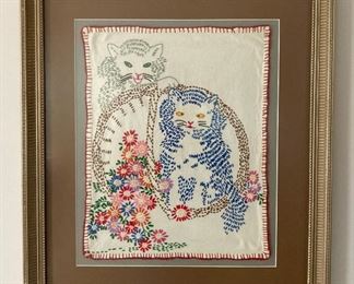 Vintage framed crewel cats