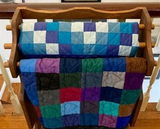 Antique pine quilt stand; vintage quilts