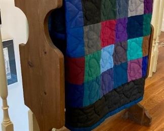 Antique pine quilt stand; vintage quilts