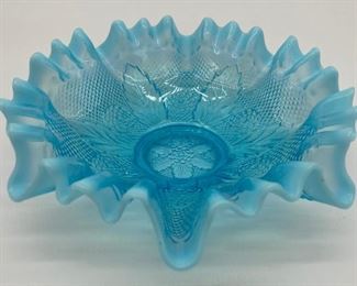 Northwood white opalescent blue ruffle rim bowl