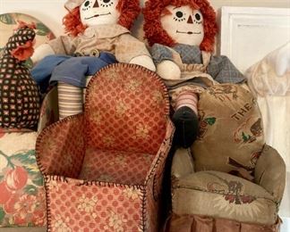 Vintage dolls, sewing storage and pin cushions