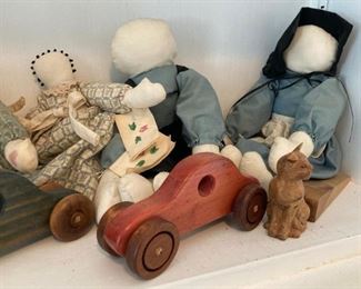 Vintage Amish girl and boy dolls; vintage wooden cars