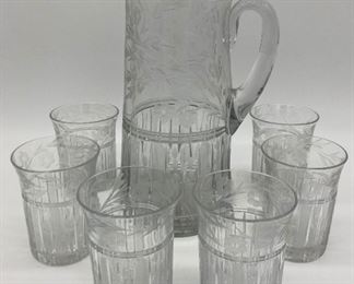 Vintage 1920s etched glass pitcher and 6 tumblers