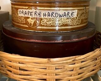 Metal tin with drapery hardware; metal tin; wicker basket